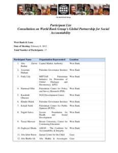 The World Bank Group  Participant List Consultation on World Bank Group’s Global Partnership for Social Accountability West Bank & Gaza