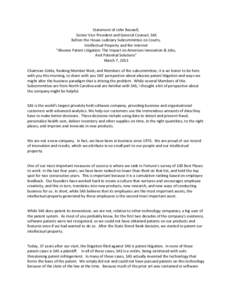 Statement of John Boswell, Senior Vice President and General Counsel, SAS Before the House Judiciary Subcommittee on Courts, Intellectual Property and the Internet “Abusive Patent Litigation: The Impact on American Inn