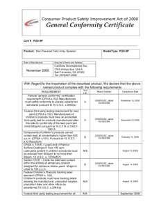 Consumer Product Safety Improvement Act of[removed]General Conformity Certificate Cert # PI30-SP  Product: Non-Powered Field Array Speaker