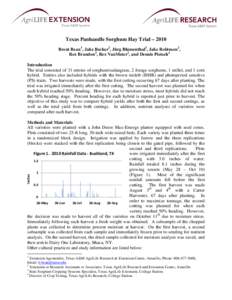 Texas Panhandle Sorghum Hay Trial – 2010 Brent Bean 1, Jake Becker2, Jürg Blumenthal3, Jake Robinson2, Rex Brandon2, Rex VanMeter2, and Dennis Pietsch4 Introduction The trial consisted of 31 entries of sorghum/sudangr
