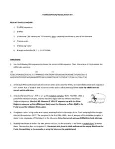 TRANSCRIPTION/TRANSLATION KIT  EACH KIT SHOULD INCLUDE: 1. 2 mRNA sequences 2. 8 tRNAs 3. 1 Ribosome (30S subunit and 50S subunit); Note – peptidyl transferase is part of the ribosome