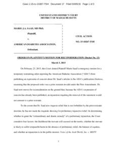 Case 1:15-cv[removed]TSH Document 17 Filed[removed]Page 1 of 3  UNITED STATES DISTRICT COURT DISTRICT OF MASSACHUSETTS ____________________________________ )