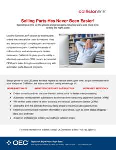 Selling Parts Has Never Been Easier! Spend less time on the phone and processing returned parts and more time selling the right parts! Use the CollisionLink® solution to receive parts orders electronically for faster tu