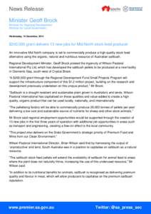 News Release Minister Geoff Brock Minister for Regional Development Minister for Local Government Wednesday, 10 December, 2014