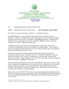 State of Washington  DEPARTMENT OF FINANCIAL INSTITUTIONS DIVISION OF CREDIT UNIONS P.O. Box[removed]z Olympia, Washington[removed]Courier mail address: 150 Israel Rd. S.W., Tumwater, WA 98501