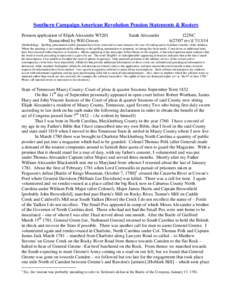Southern Campaign American Revolution Pension Statements & Rosters Pension application of Elijah Alexander W5201 Transcribed by Will Graves Sarah Alexander