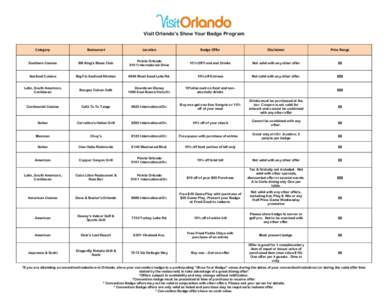 Visit Orlando’s Show Your Badge Program Category Restaurant  Location