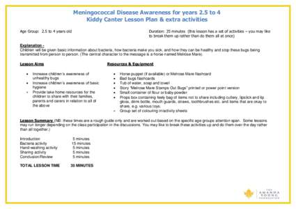 Meningococcal Disease Awareness for years 2.5 to 4 Kiddy Canter Lesson Plan & extra activities Age Group: 2.5 to 4 years old Duration: 35 minutes (this lesson has a set of activities – you may like to break them up rat