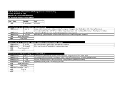 VUELCO Workshop: Volcanic Unrest: Interfacing science and decision-making Sunday, November 18, 2012 Biblioteca de Ciencias, Main Auditorium Av. Gonzalo de Sandoval, Colima, Mexico Time Item 900