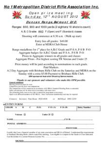 No 1 Metropolitan District Rifle Association Inc. Open prize meeting Sunday 12th AUGUST 2012 Duncan Range, Belmont QlD. Ranges: 800, 900 and 1000 yards (2 sighters/10 shots to count) A, B, C Grades AND F (Open) and F (St