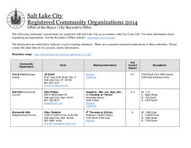 Salt Lake City Registered Community Organizations 2014 Office of the Mayor | City Recorder’s Office The following community organizations are registered with Salt Lake City in accordance with City Code[removed]For more i