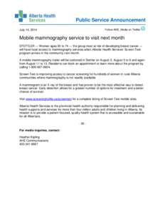 Public Service Announcement Follow AHS_Media on Twitter July 14, 2014  Mobile mammography service to visit next month