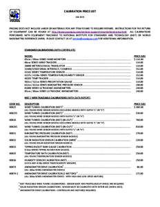 CALIBRATION PRICE LIST JAN 2015 PRICING DOES NOT INCLUDE LABOR OR MATERIALS FOR ANY ITEM FOUND TO REQUIRE REPAIRS. INSTRUCTIONS FOR THE RETURN OF EQUIPMENT CAN BE FOUND AT http://www.youngusa.com/services-support/returnt