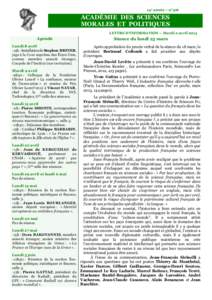 14e année – n°516  ACADÉMIE DES SCIENCES MORALES ET POLITIQUES LETTRE D’INFORMATION – Mardi 2 avril 2013
