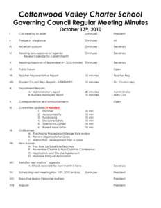 Cottonwood Valley Charter School Governing Council Regular Meeting Minutes October 13th, 2010 I.  Call meeting to order