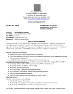 PUEBLO OF ISLETA HUMAN RESOURCES DEPARTMENT P.O. BOX 1270, ISLETA, NM[removed]PHONE: ([removed]FAX: ([removed]EMAIL: [removed] VACANCY ANNOUNCEMENT