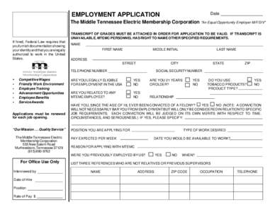 Date  EMPLOYMENT APPLICATION The Middle Tennessee Electric Membership Corporation 