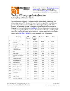 This nine-page extract from “The Language Services Market: 2012” is subject to Common Sense Advisory’s standard terms of use. Unauthorized reproduction and distribution are strictly prohibited.  The Top 100 Languag