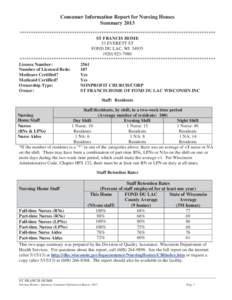 Consumer Information Report for Nursing Homes Summary 2013 ************************************************************************************** ST FRANCIS HOME 33 EVERETT ST FOND DU LAC, WI 54935