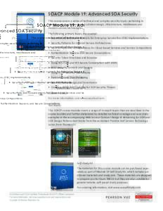 SOACP Module 19: Advanced SOA Security This course covers a series of technical and complex securitytopics pertaining to contemporaryservice-oriented solution design, infrastructure, middleware and modern service techn
