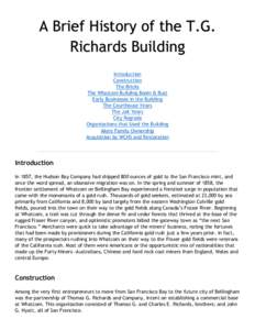 A Brief History of the T.G. Richards Building Introduction Construction The Bricks The Whatcom Building Boom & Bust