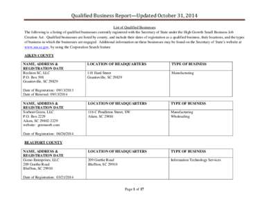 Qualified Business Report—Updated October 31, 2014 List of Qualified Businesses The following is a listing of qualified businesses currently registered with the Secretary of State under the High Growth Small Business J