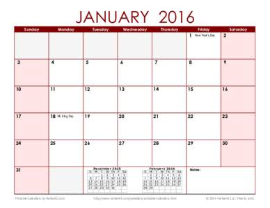 Printable 2016 Monthly Calendar with Holidays