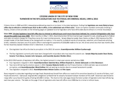 CITIZENS UNION OF THE CITY OF NEW YORK TURNOVER IN THE NYS LEGISLATURE DUE TO ETHICAL OR CRIMINAL ISSUES, 1999 to 2015 May 7, 2015 Citizens Union in 2009 and 2011 released groundbreaking reports on turnover in the state 