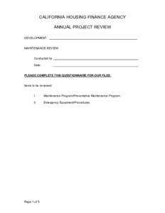 CALIFORNIA HOUSING FINANCE AGENCY ANNUAL PROJECT REVIEW DEVELOPMENT: MAINTENANCE REVIEW Conducted by Date: