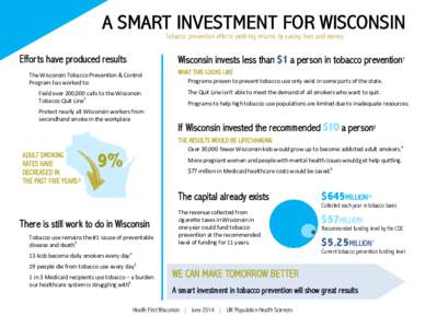 A SMART INVESTMENT FOR WISCONSIN Tobacco prevention efforts yield big returns by saving lives and money Wisconsin invests less than $1 a person in tobacco prevention7  Efforts have produced results