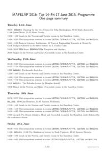 MAFELAP 2016, Tue 14–Fri 17 June 2016, Programme One page summary Tuesday 14th June 09:30– HWLL001: Opening by the Vice Chancellor Julia Buckingham, 09:45 Mark Ainsworth, 11:00 James Belak, 11:45 Jaime Peraire. 12:30