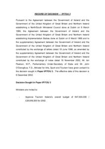 RECORD OF DECISION – IP/TOU 3 Pursuant to the Agreement between the Government of Ireland and the Government of the United Kingdom of Great Britain and Northern Ireland establishing a North/South Ministerial Council do