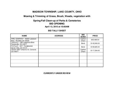 MADISON TOWNSHIP, LAKE COUNTY, OHIO Mowing & Trimming of Grass, Brush, Weeds, vegetation with Spring/Fall Clean-up of Parks & Cemeteries BID OPENING April 13, 2015 at 10:00AM BID TALLY SHEET