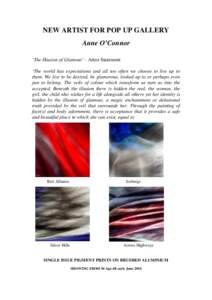 NEW ARTIST FOR POP UP GALLERY Anne O’Connor ‘The Illusion of Glamour’ - Artist Statement ‘The world has expectations and all too often we choose to live up to them. We live to be desired, be glamorous, looked up 