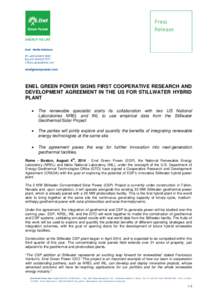 ENEL GREEN POWER SIGNS FIRST COOPERATIVE RESEARCH AND DEVELOPMENT AGREEMENT IN THE US FOR STILLWATER HYBRID PLANT   The renewable specialist starts its collaboration with two US National