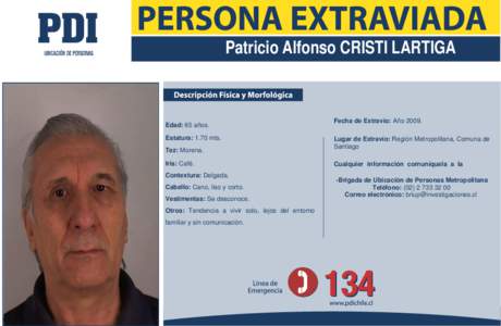 Patricio Alfonso CRISTI LARTIGA  Edad: 65 años. Estatura: 1.70 mts. Tez: Morena. Iris: Café.