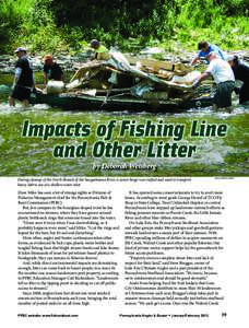 Impacts of Fishing Line and Other Litter by Deborah Weisberg During cleanup of the North Branch of the Susquehanna River, a canoe barge was crafted and used to transport heavy debris out of a shallow water inlet.