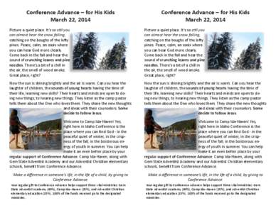 Conference Advance – for His Kids March 22, 2014 Conference Advance – for His Kids March 22, 2014