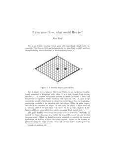 If two were three, what would Hex be? Alex Fink∗ Hex is an abstract strategy board game with appealingly simple rules, invented by Piet Hein in 1942 and independently by John Nash in 1947, and first disseminated by Mar