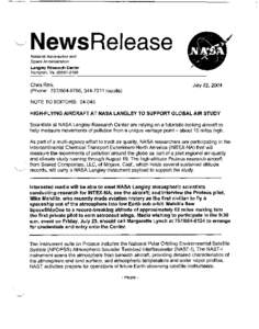 --------------------------------  ~. NewsRelease National Aeronautics and Space Administration Langley Research Center