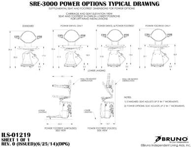 SRE-3000 POWER OPTIONS TYPICAL DRAWING SUPPLEMENTAL SEAT AND FOOTREST DIMENSIONS FOR POWER OPTIONS CARRIAGE AND SEAT ELEVATION VIEW SEAT AND FOOTREST SHOWN IN LOWEST POSITIONS FOR LEFT HAND INSTALLATIONS POWER SWIVEL & P