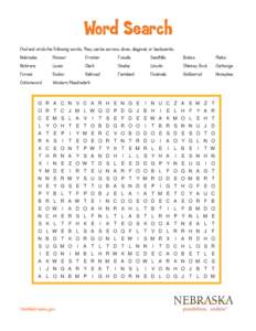 Word Search Find and circle the following words. They can be across, down, diagonal, or backwards. Nebraska Pioneer