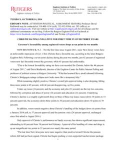 Eagleton Institute of Politics Rutgers, The State University of New Jersey 191 Ryders Lane New Brunswick, New Jersey[removed]www.eagleton.rutgers.edu