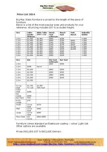 Price List 2014 Big Mac Slabs Furniture is priced by the length of the piece of furniture.