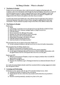 Anglicanism / Lay reader / Minor orders / Reader / Methodism / Church of England / Churchwarden / Bishop / Parish / Christianity / Christian theology / Ecclesiology