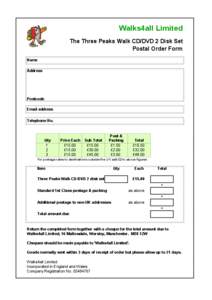 Walks4all Limited The Three Peaks Walk CD/DVD 2 Disk Set Postal Order Form Name Address