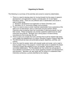 Organizing for Results The following is a summary of the priorities and concerns voiced by stakeholders. 1. There is a need to develop plans for moving forward into the areas of research, development, and application of 