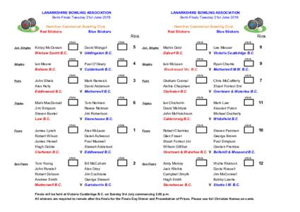 LANARKSHIRE BOWLING ASSOCIATION Semi-Finals Tuesday 21st June 2016 LANARKSHIRE BOWLING ASSOCIATION Semi-Finals Tuesday 21st June 2016