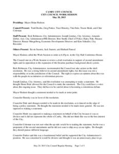 CANBY CITY COUNCIL CITY COUNCIL WORK SESSION May 20, 2015 Presiding: Mayor Brian Hodson. Council Present: Todd Rocha, Greg Parker, Traci Hensley, Tim Dale, Tracie Heidt, and Clint Coleman.