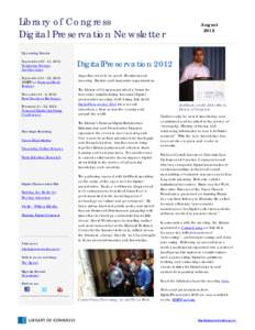 Library of Congress Digital Preservation Newsletter August 2012